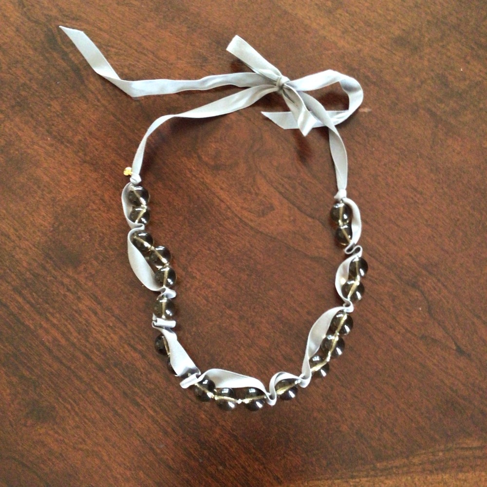 J. Crew Gray Glass Beaded and Ribbon Necklace